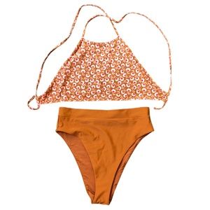 NWOT aerie Halter Bikini Rust Orange & Pink Size L